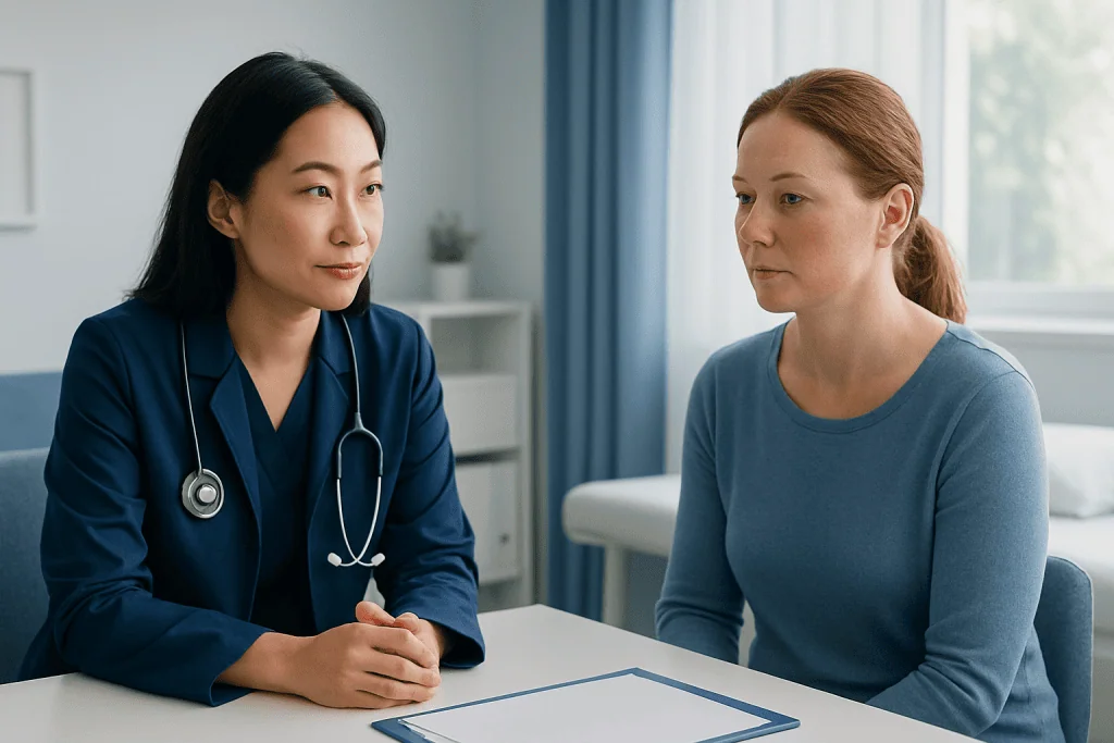 Doctor consulting with a patient about rosacea treatment options.