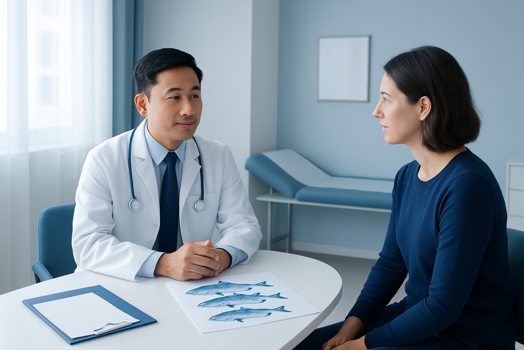 Doctor consulting with a patient about fish health benefits in a clinic.