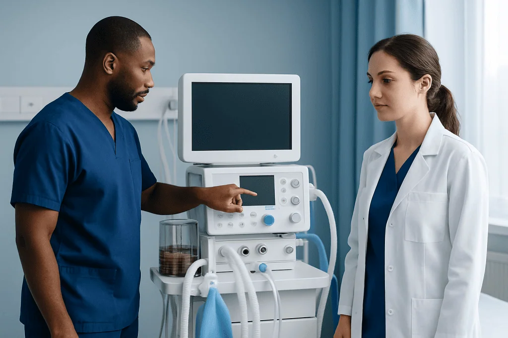 Medical professionals discussing patient care with medical equipment in hospital.