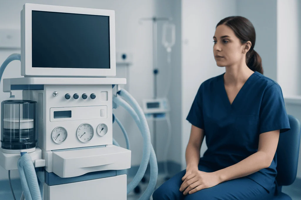 Medical professional sitting in a hospital room with ventilator equipment.