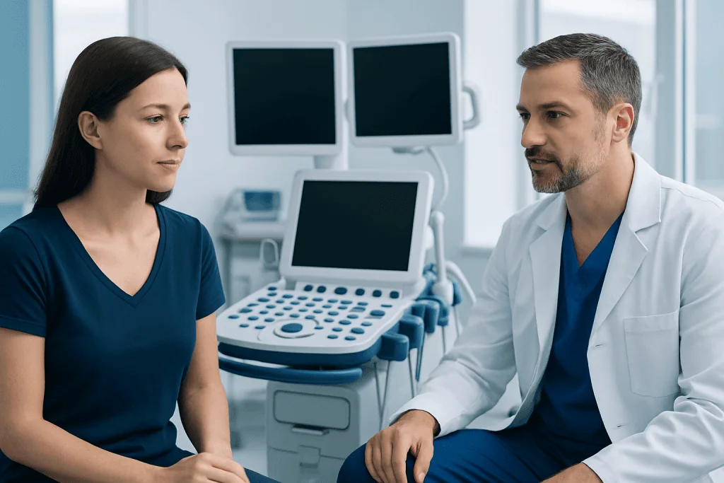 Doctor consulting with a patient in a medical examination room.