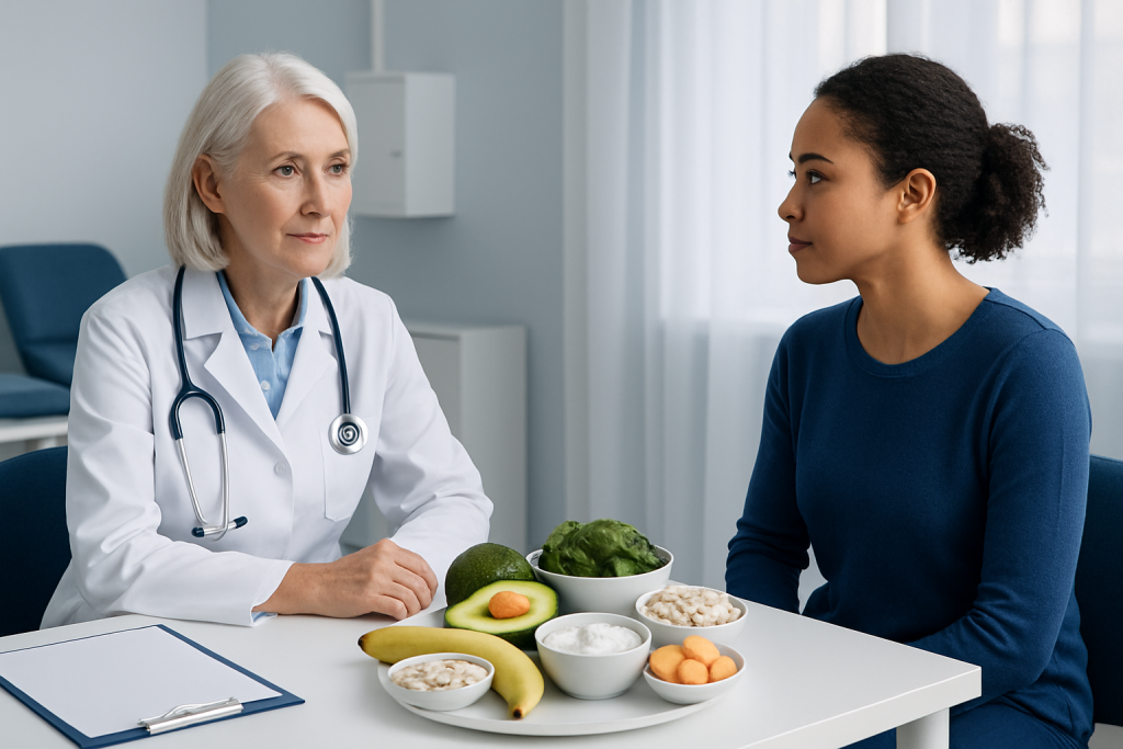 Doctor discussing potassium-rich foods with patient in clinic setting.