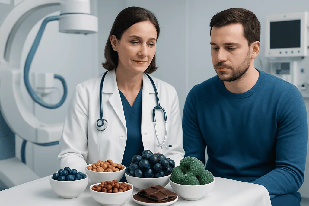 Doctor and patient discussing polyphenol-rich foods in a medical setting.