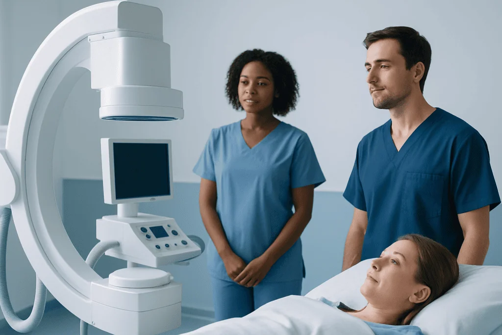 Medical professionals preparing for a diagnostic imaging procedure at Acibadem Hospital.