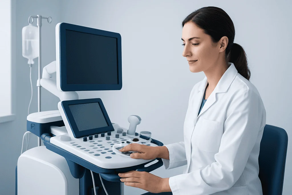 Medical professional operating ultrasound machine in hospital setting.