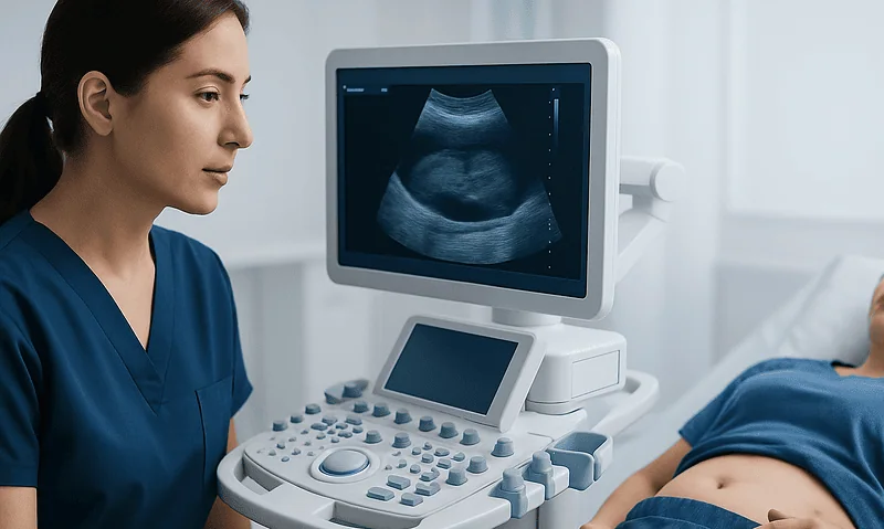 Medical professional performing an ultrasound on a patient in a hospital setting.