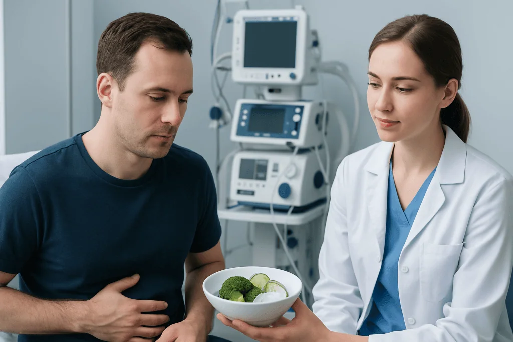 Doctor explaining dietary advice to patient in hospital setting.