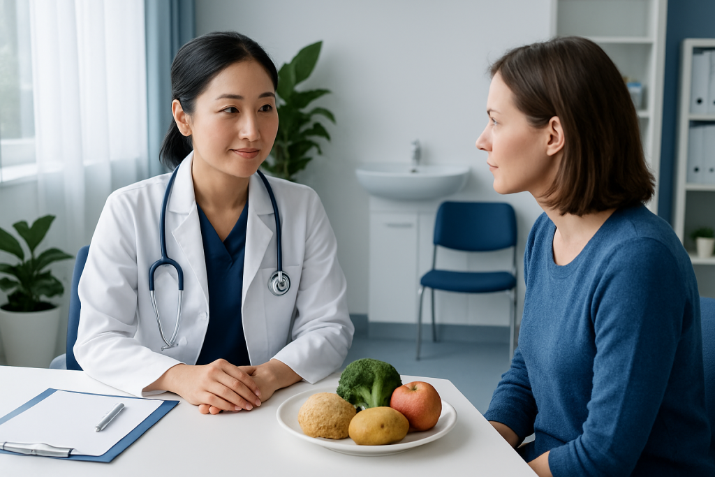 Doctor consulting with patient about healthy eating and filling foods.
