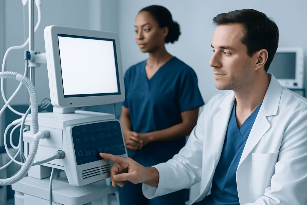 Medical professionals operating diagnostic equipment in a hospital setting.