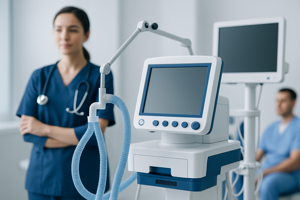 Medical ventilator machine in a hospital setting with healthcare professionals.