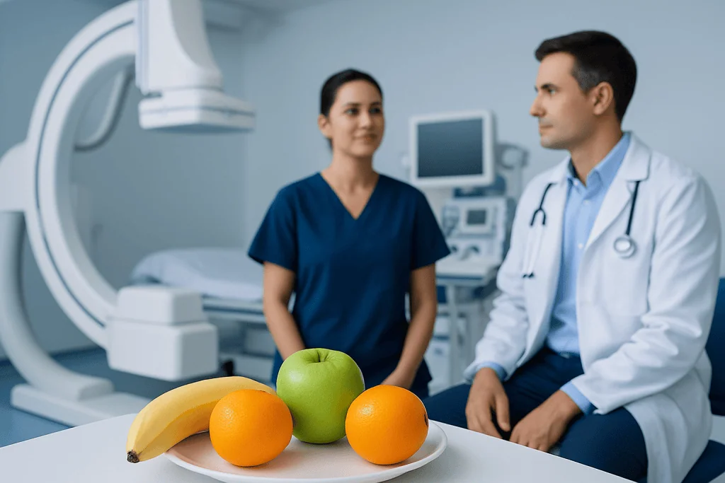 Medical consultation with fresh fruits on the table for healthy diet advice.