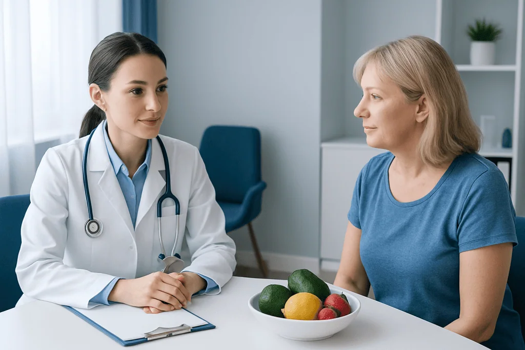 Doctor consulting with a patient in a modern medical office.