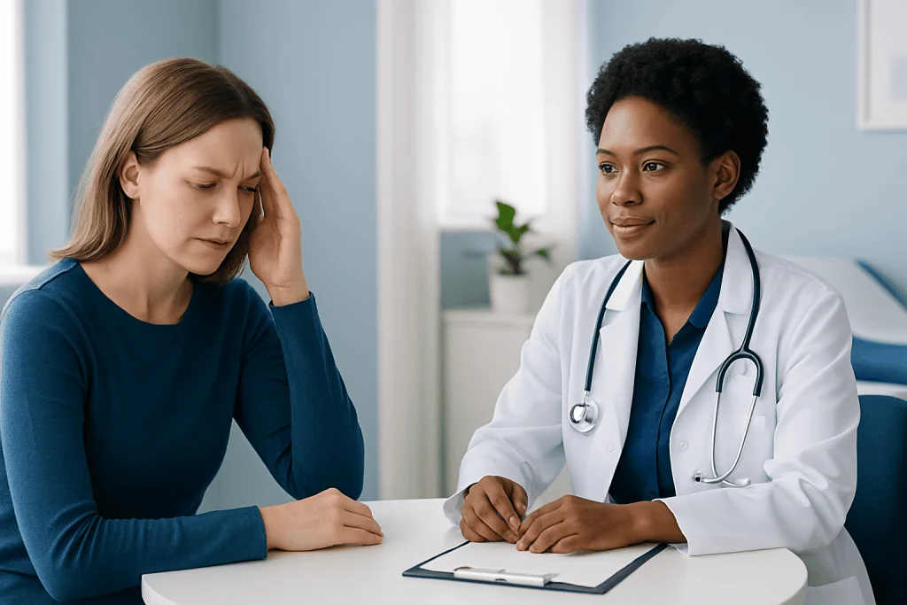 Woman consulting with doctor about headache symptoms at clinic.