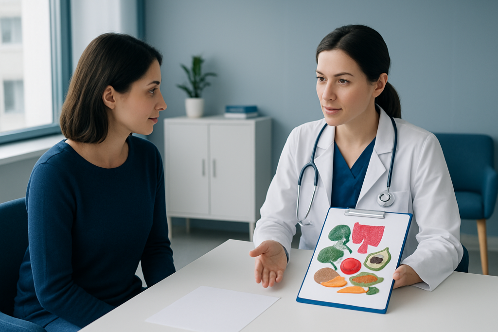 Doctor explaining high fiber foods to a patient in a clinic setting.