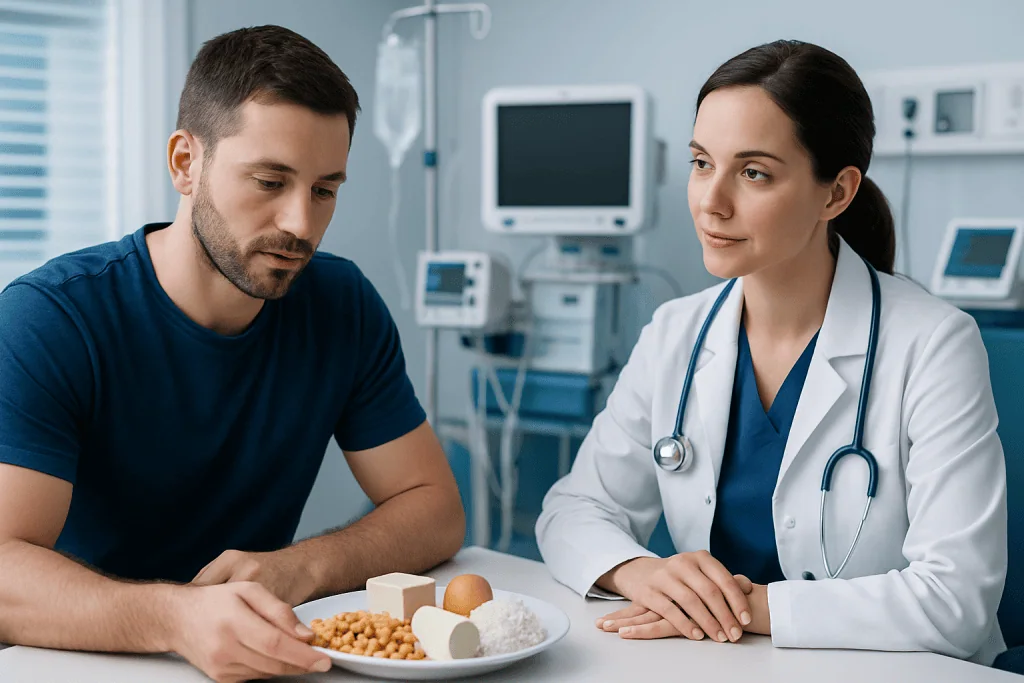 Doctor and patient discussing high-protein foods for muscle building in hospital.