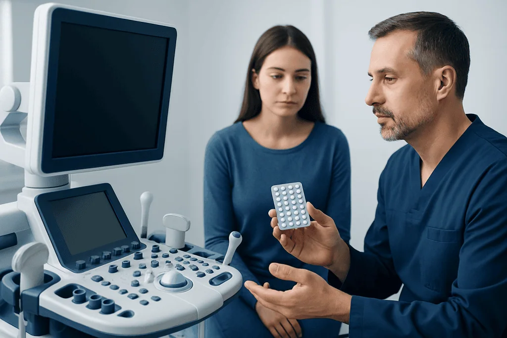 Doctor explaining birth control pills to a patient in a medical clinic.