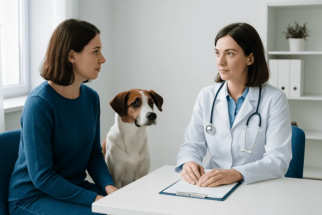 Veterinarian consulting with a woman and her dog in a clinic setting.
