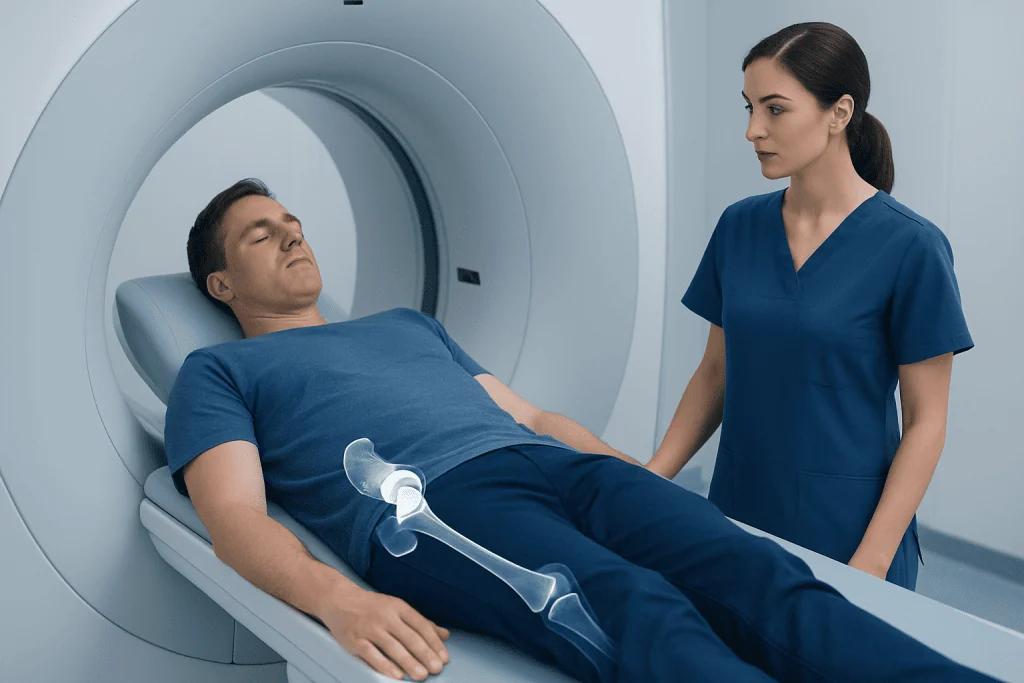 Patient undergoing MRI scan with medical staff present at Acibadem Hospitals Group.