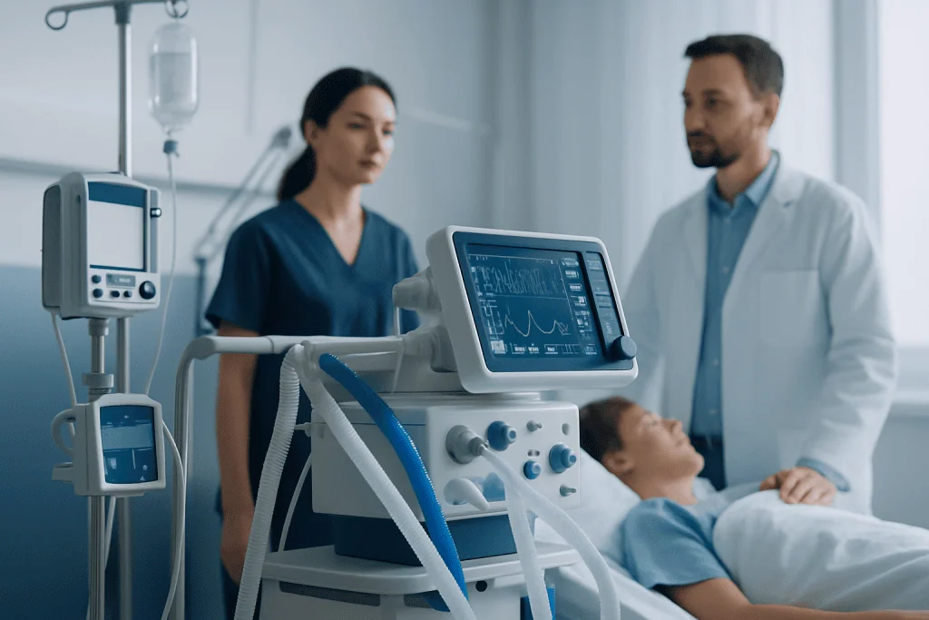 Medical team monitoring patient with ventilator in hospital ICU.