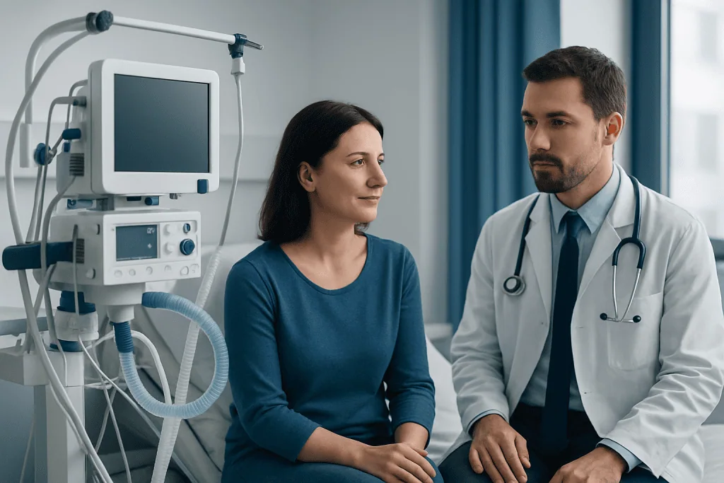 Doctor consulting a patient in a hospital room with medical equipment.