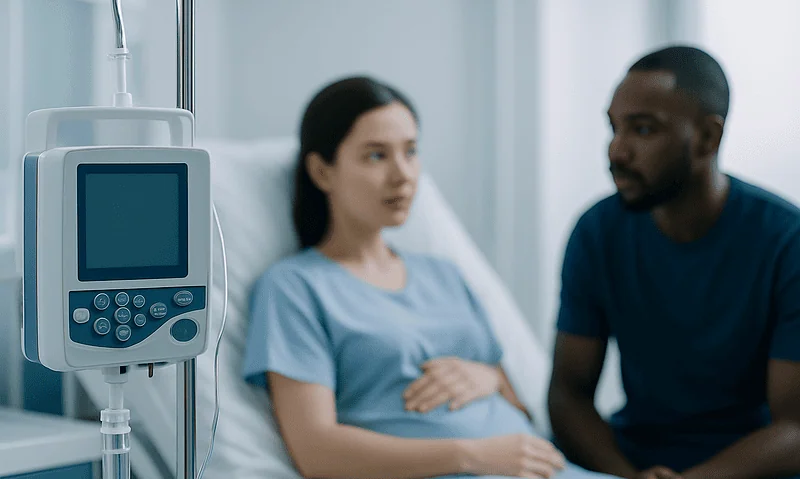 Patient in hospital bed with medical monitor nearby, discussing health.