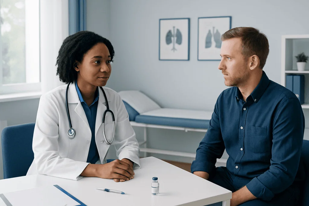 Doctor consulting with a patient in a medical office setting.