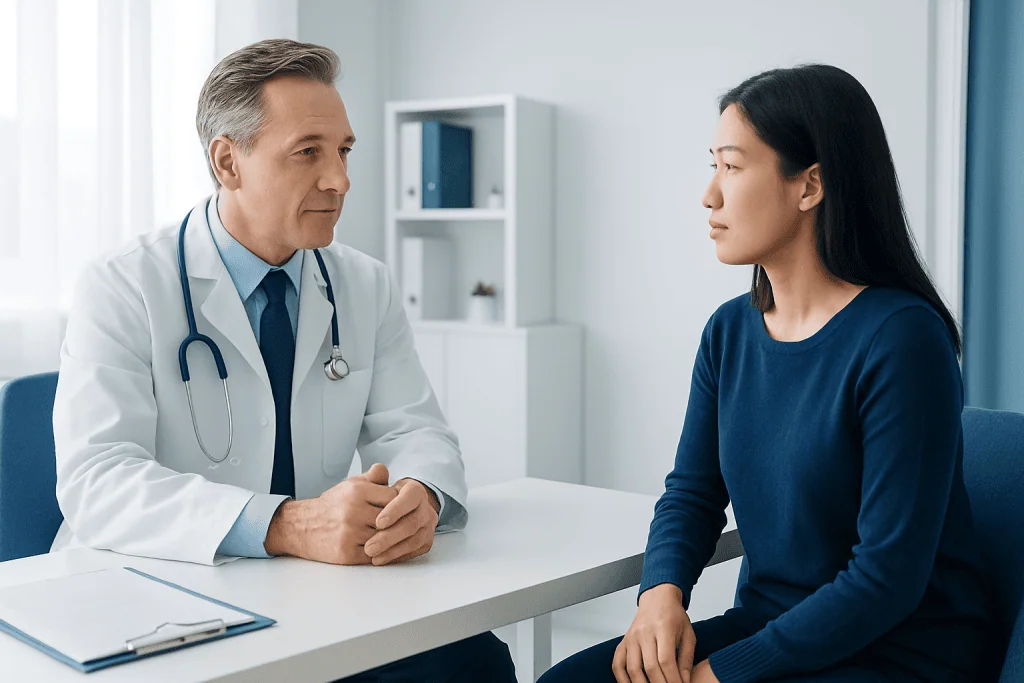 Doctor consulting with a female patient in a medical office.