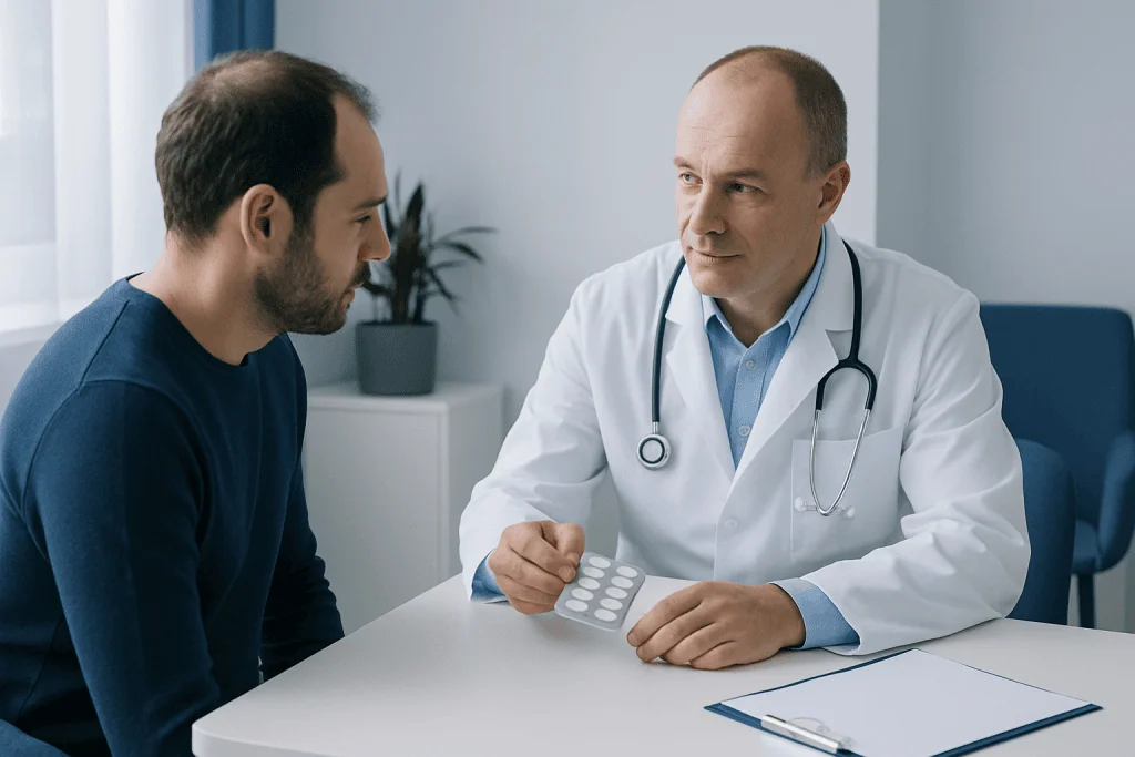 Doctor consulting with patient about hair supplements in a clinic setting.