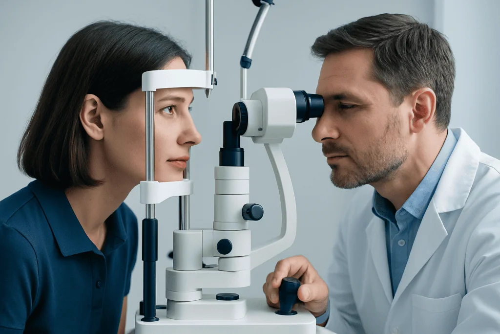 Optometrist examines patient's eyes with slit lamp in clinic.