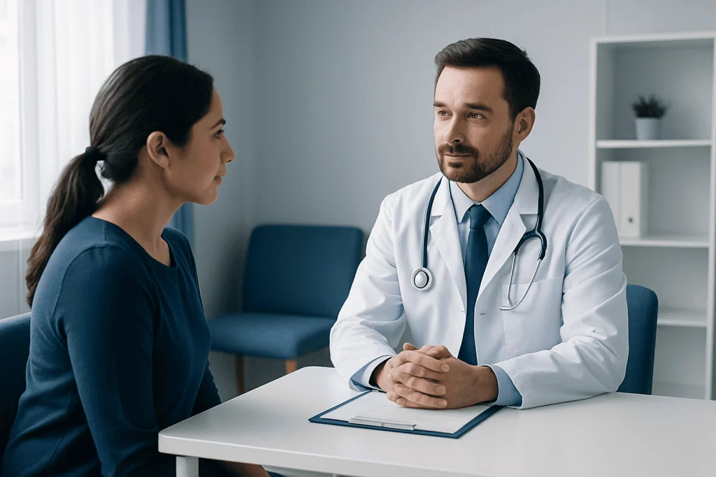 Doctor consulting with a female patient in a medical office.