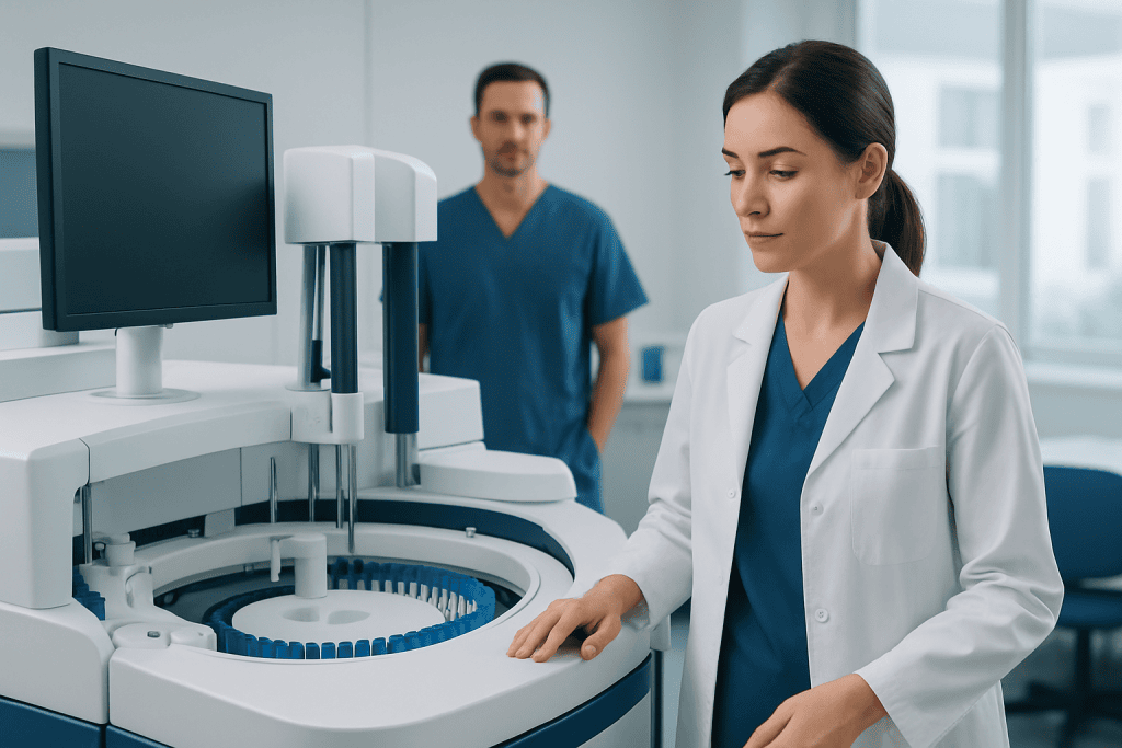 Medical professionals operating advanced laboratory equipment in a hospital setting.