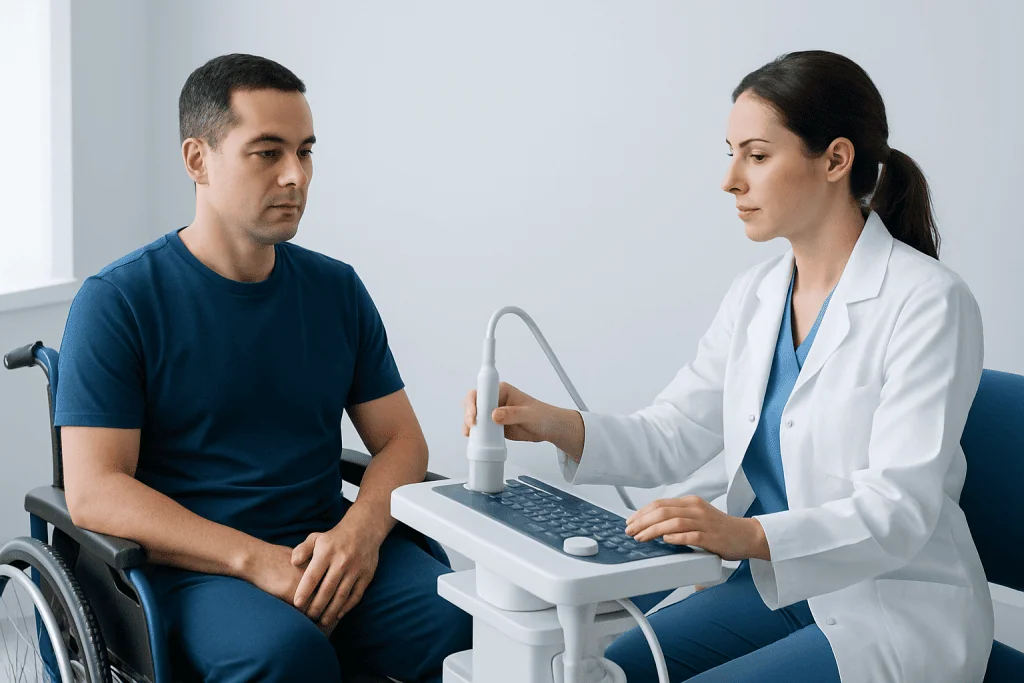 Doctor performing an ultrasound exam on a male patient in a wheelchair.