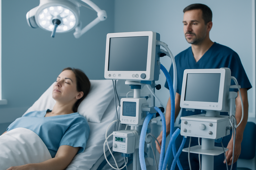 Patient in hospital bed connected to medical ventilator and monitors.