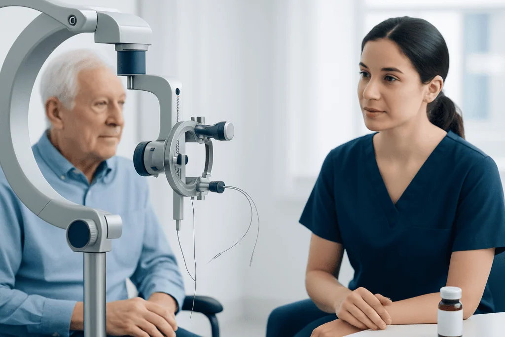 Medical professional conducts eye examination using advanced equipment.