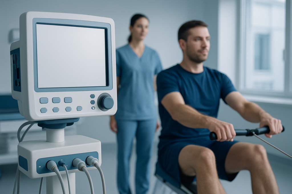 Patient undergoing medical assessment with monitoring equipment in hospital.