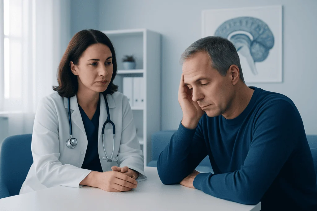 Doctor consulting with a patient about neurological sleep disorders.