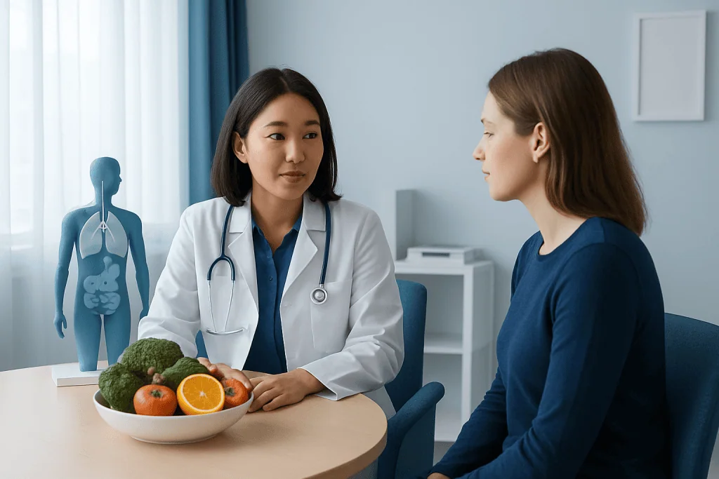 Doctor consulting patient about healthy diet and immune system support.