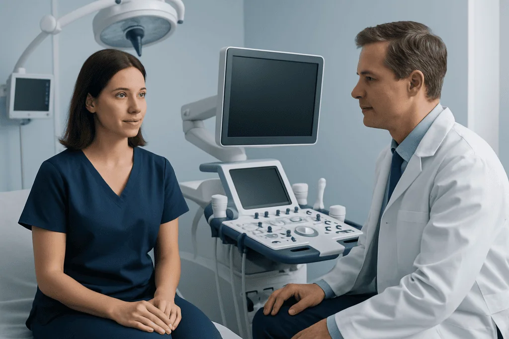 Doctor consulting with a female patient in a medical examination room.