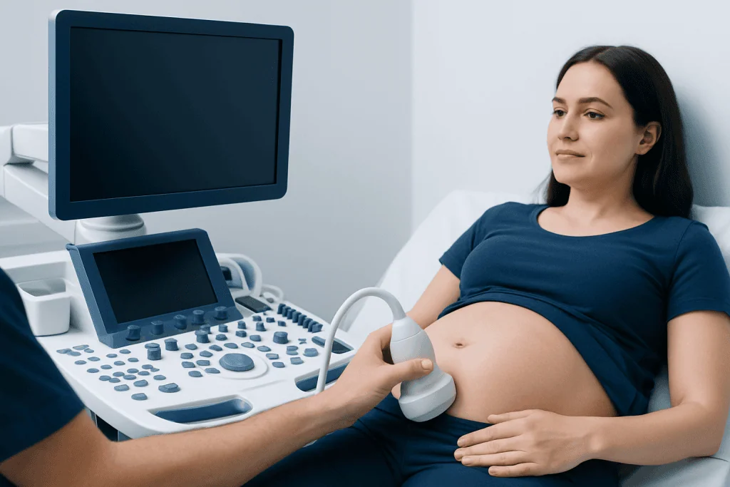 Pregnant woman undergoing ultrasound examination at a hospital.