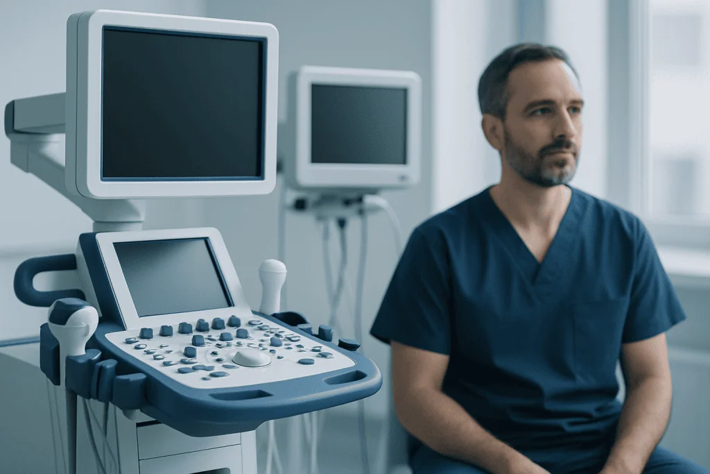 Medical professional sitting beside ultrasound machines in a hospital.