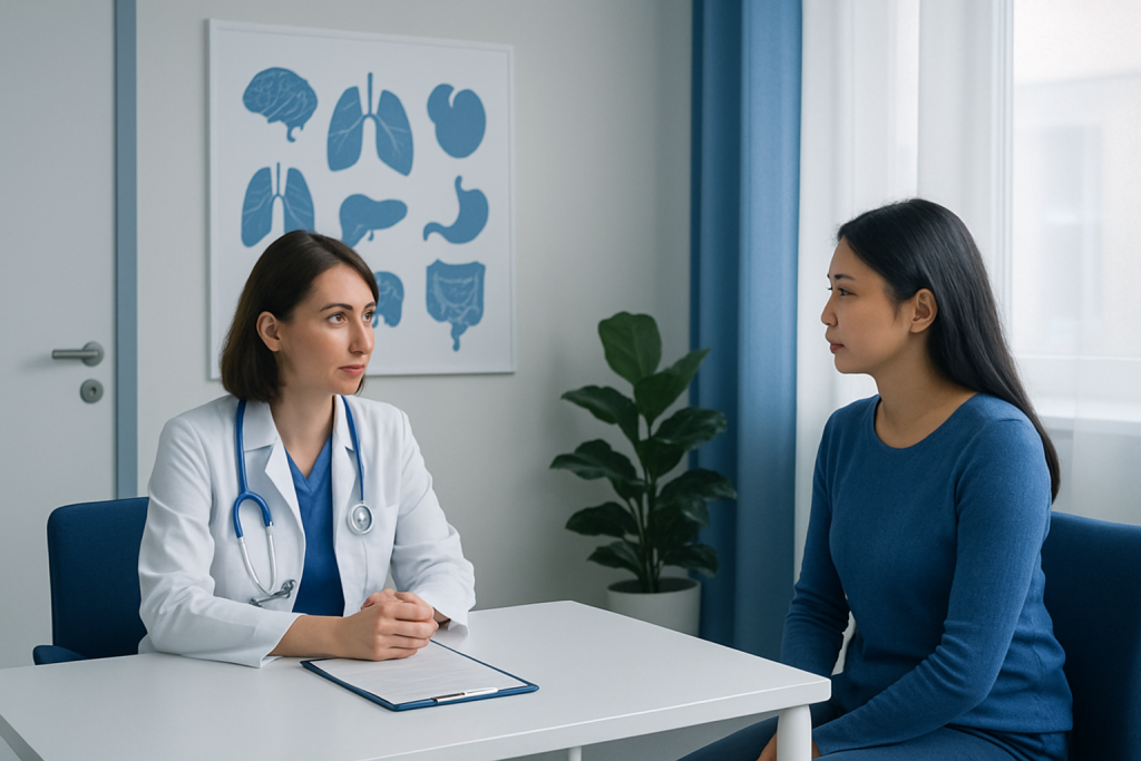 Doctor consulting patient about health in a medical office.