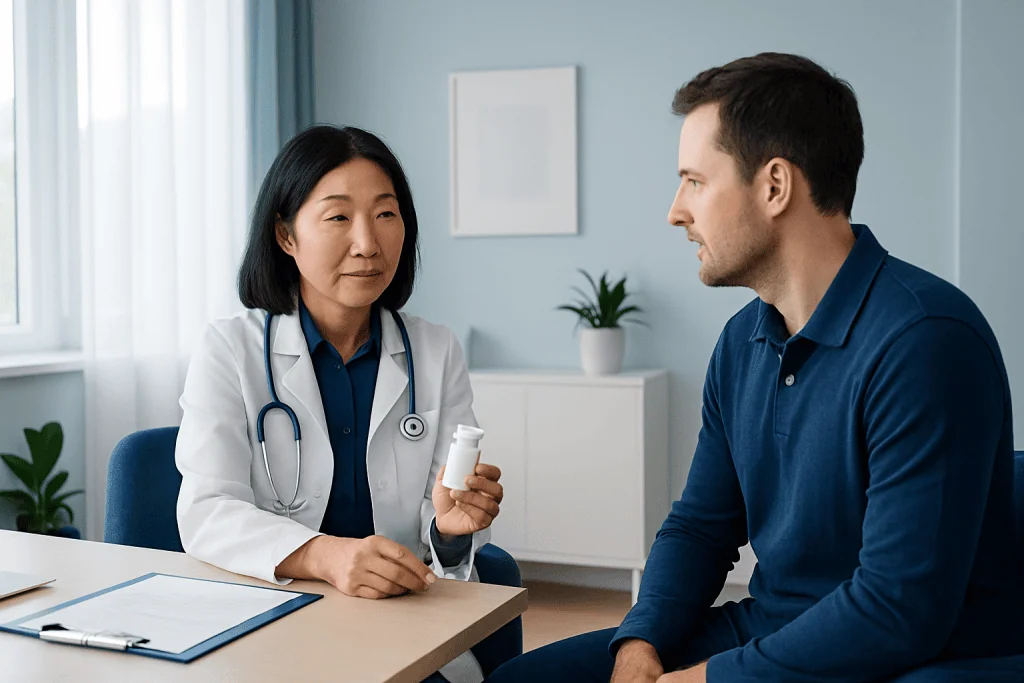 Doctor explaining medication to male patient in consultation room.