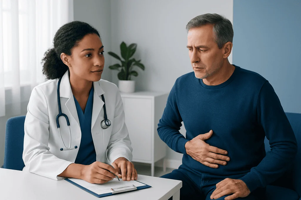 Doctor consulting with patient about stomach pain and reflux symptoms.