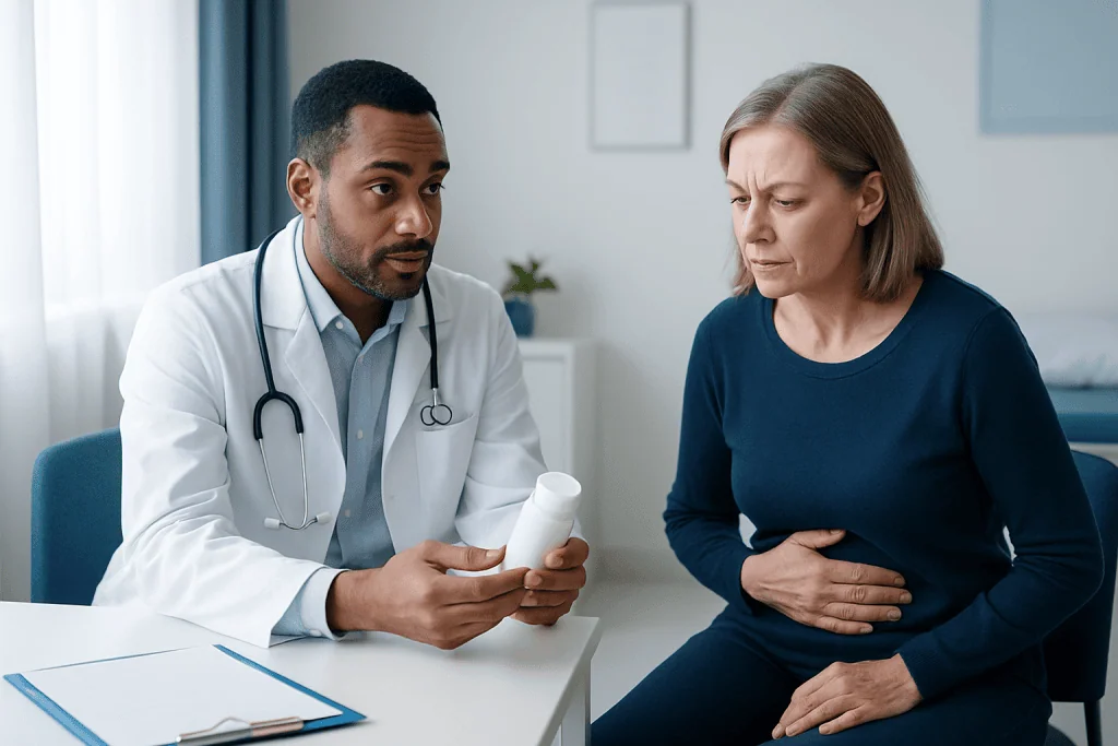 Doctor explaining medication to a woman patient in a clinic setting.