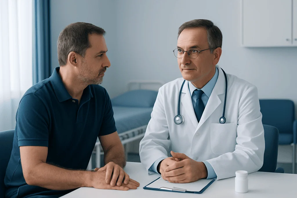 Doctor consulting with patient in a medical office setting.