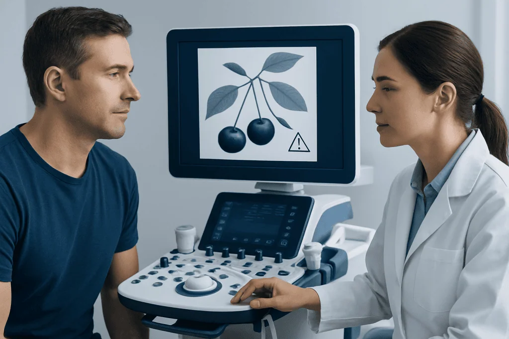 Medical consultation with ultrasound imaging of cherries on screen.