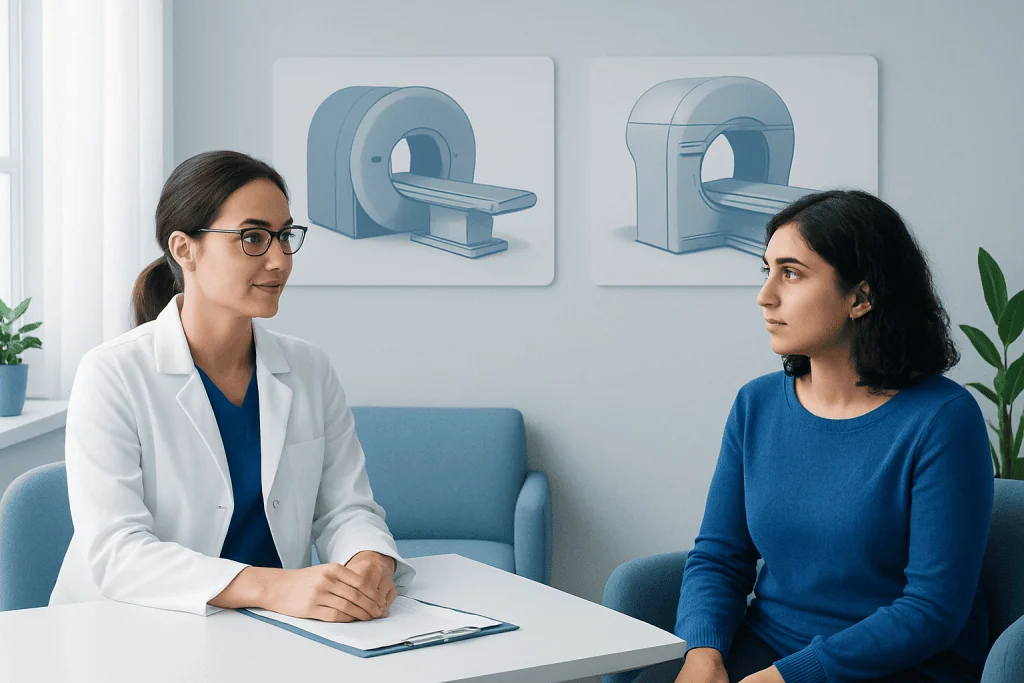 Doctor explaining MRI options to patient in clinic setting.