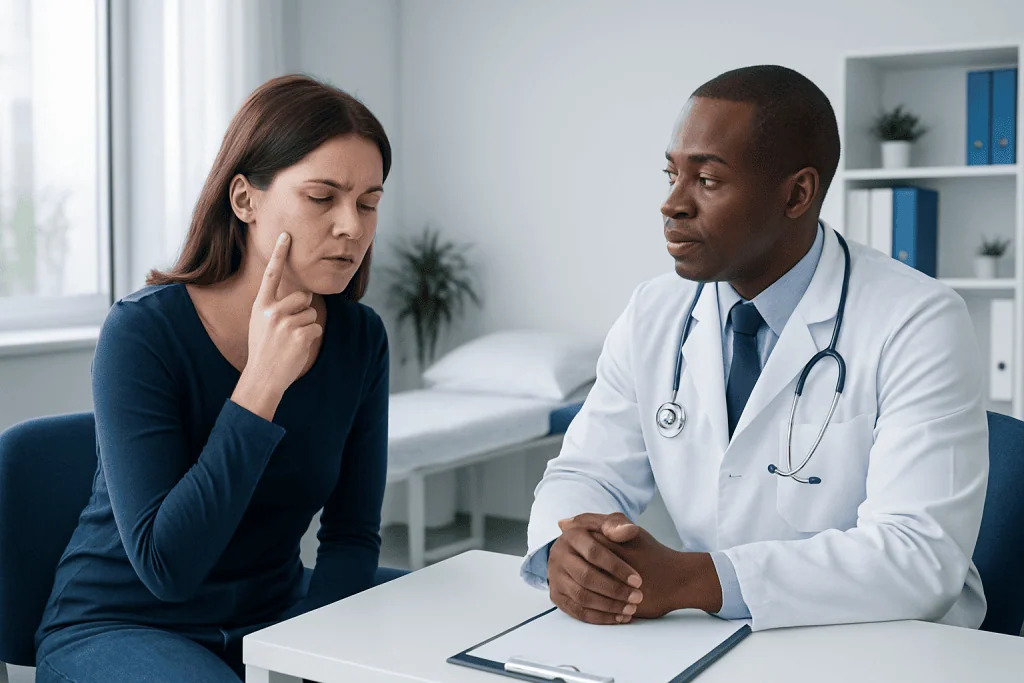 Doctor consulting with a woman patient about skin concerns in a clinic setting.
