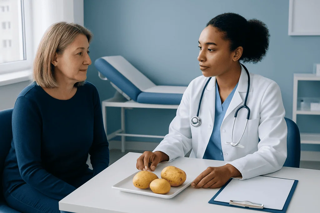 Doctor explaining potato nutrition to a patient in a clinic setting.