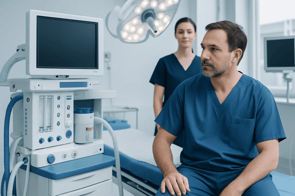 Medical professionals in a hospital room with advanced equipment and monitors.
